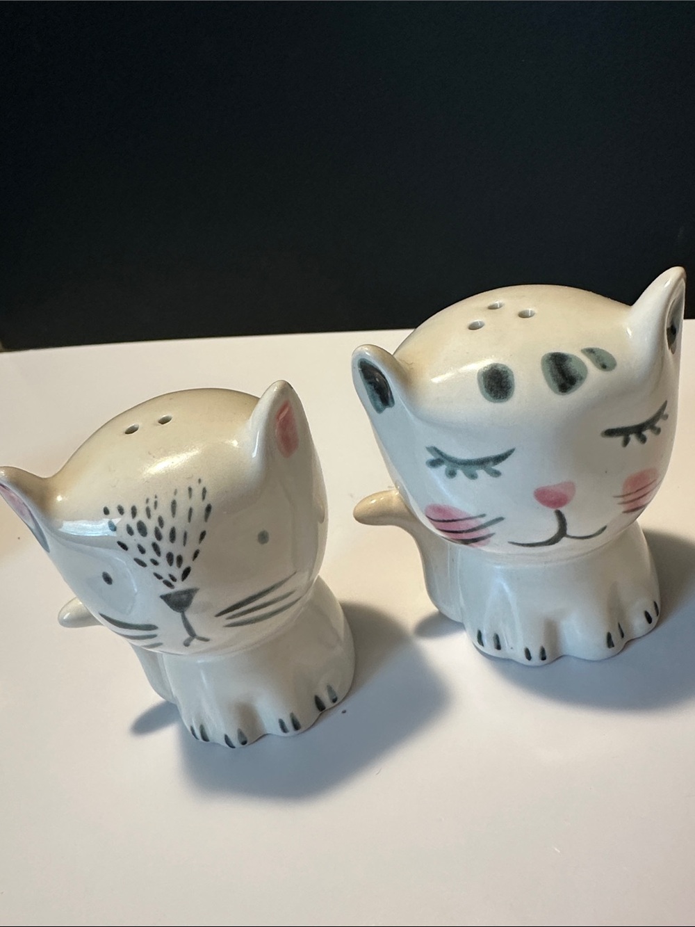 Cute Ceramic Cat Salt and Pepper Shakers - White with Pink & Gray Accents